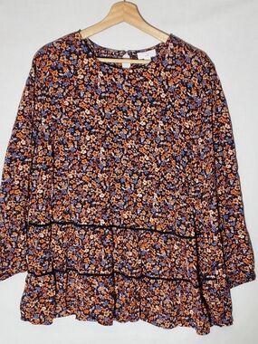 J. Jill Tiered Tunic Blouse Womens XL Navy Blue Orange Ditsy Floral Smocked Top